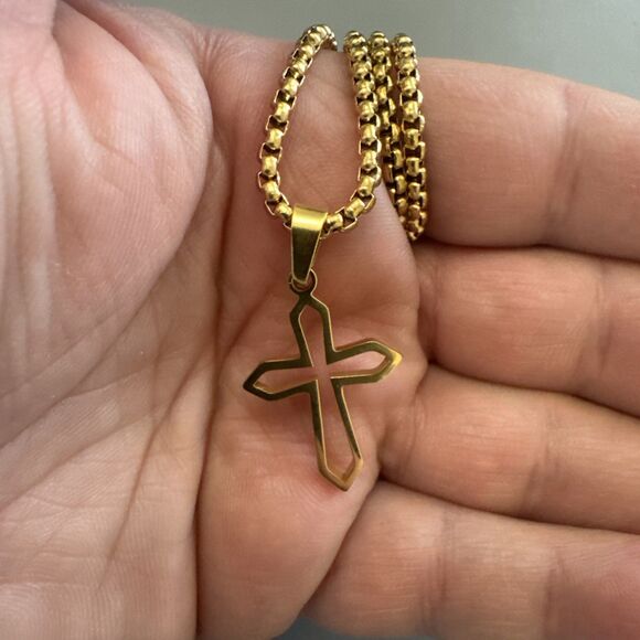 Stainless Steel Cross Pendant Gold Plated 24 Inch Chain Religious Jesus Christ - Picture 5 of 6